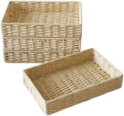4PCS Small Woven Paper Rope Storage Basket organizing,Beige by QingtuHome