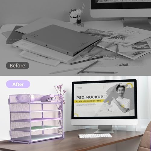 Letter Tray Paper Organizer 5-Tier Desk Organizer File Organizer Paper Holder with Handle, Metal Desktop Document Shelf Tray Office Classroom Organization - Purple - Image 3