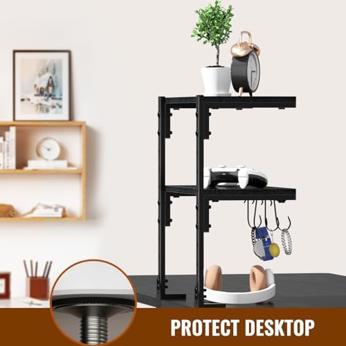 Clamp-on Desk Shelf, 13 inch Above or Below Desk 2-Tier Shelving, Adjustable Metal Storage Tray for Gaming Devices or Office Desk Accessories and More, Black, Patent Pending - Image 5