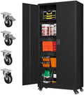 MIIIKO 75" Tall Metal Storage Cabinets with Wheels,Garage Storage Cabinet with Lock,Heavy Duty Tool Cabinets with 2 Doors and 4 Shelves for Garage,Home Office,Shop,Warehouse（Black） by MIIIKO