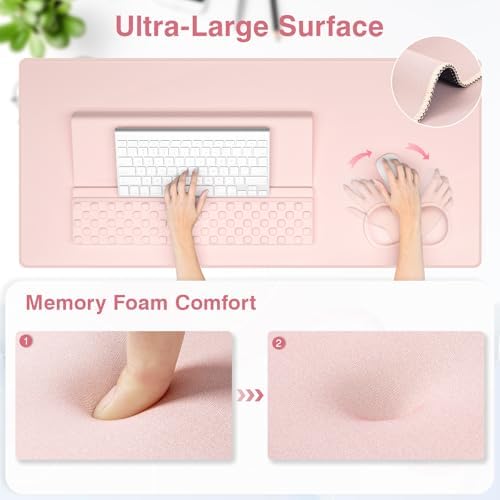 Ospelelf Keyboard Stand Wrist Rest Pad and Ergonomic Mouse Pad Set with Large Mousepad Desk Mat, Memory Foam Comfort, Premium Office Desk Accessories for Pain Relief and Efficiency, Pink - Image 3