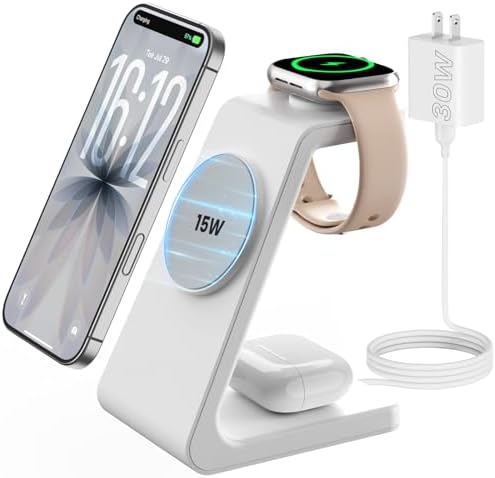 Magnetic Wireless Charging Station for iPhone: 3 in 1 15W Fast Charging for iPhone 17-12, Apple Watch & AirPods, N52 Magnets & 30W Adapter Included (Office/Bedside/Desk) by JoyGeek