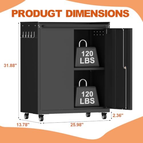 32''H Metal Storage Cabinets with Lock, Metal Garage Storage Cabinet on Wheels, Lockable Rolling Tool Chest Cabinet with Doors & Adjustable Shelves for Garage, Home, Office, Assembly Required - Image 3