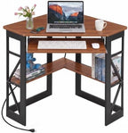 VECELO Corner Desk, Triangle Computer Desk for Small Space with Charging Station and Keyboard Tray, Corner Makeup Table with Storage Shelves for Home Office Bedroom, 41x30, Teak Brown by VECELO
