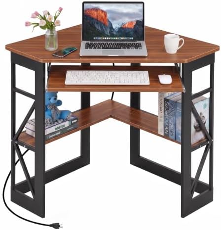 VECELO Corner Desk, Triangle Computer Desk for Small Space with Charging Station and Keyboard Tray, Corner Makeup Table with Storage Shelves for Home Office Bedroom, 41x30, Teak Brown by VECELO