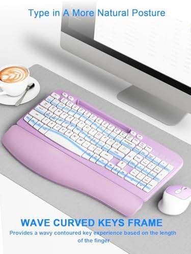 Hayyiesh Ergonomic Wave Keys Wireless Keyboard and Mouse Combo, Full Size with Memory Foam Wrist Rest & Phone Holder, 2.4G Cordless Set with USB-C Adapter for Windows Mac Desktop Laptop (Purple) - Image 6