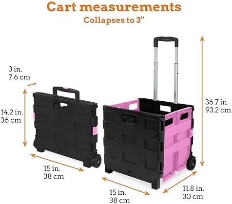 Inspired Living Ultra-Slim Rolling Collapsible Storage Pack-N-Roll Utility-carts, with Telescopic Handle, for Home, Garden, Shopping, Office, School use, Medium, Pink & Black - Image 2