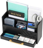 Mind Reader 5-Compartment Desktop Organizer, Rustic Wooden Storage Rack with Drawer for Papers, Accessories, and Office Supplies, 12.5" L x 4.25" W x 7.5" H, Black - Image 4