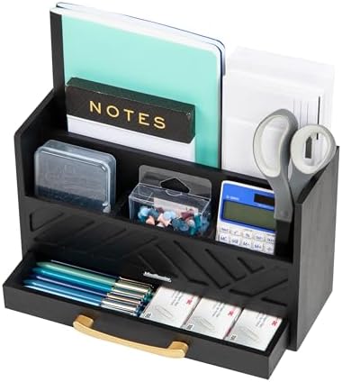Mind Reader 5-Compartment Desktop Organizer, Rustic Wooden Storage Rack with Drawer for Papers, Accessories, and Office Supplies, 12.5" L x 4.25" W x 7.5" H, Black - Image 4