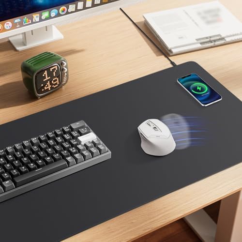 Mouse Pad with Wireless Charging, PU Leather Fast Charging Gaming Mouse Pad, Waterproof Anti-Slip Surface, Easy Clean Office Table Mat, 32L x 16W x 0.15H inches, Black(Right Side Charging Port) - Image 2