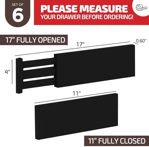6-Pack Drawer Dividers 4 Inch High, 11”-17" Adjustable Bamboo Organizers Large Expandable Drawer Separators for Cloths, Dresser, Bedroom, Bathroom, Baby Drawer, Office & Kitchen Utensils (Black) - Image 3