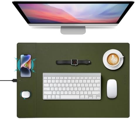 Wireless Charging Mouse Pad, 15W Fast Charge Magnetic Charger Desk Pad, Large Office Desk Mat (23.4x15.6) with Ultra-Smooth Surface, Green Computer Mousepad for MacBook, PC, Laptop by Hi-HONX
