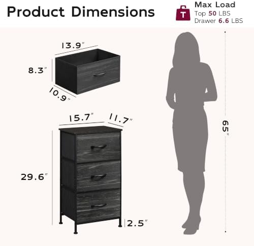 WLIVE Small Dresser Nightstand for Bedroom, 3 Drawers, Black Wood Grain - Image 3
