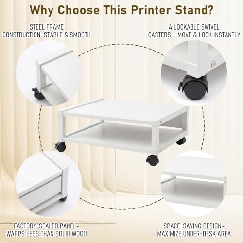 Zonon 2 Tier Printer Stand Under Desk with Wheels, Open Shelf, White - Image 4