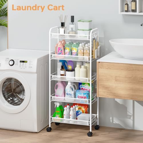 TOOLF 5 Tier Rolling Cart, Metal Utility Storage Cart with Wheels, White - Image 7