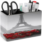 PU Leather Multi-Compartment Pen Holder Desktop Organizer Pencil Cup Storage Caddy for Office Home Supplies Wine Glass Rose Paris Paint by Unknown