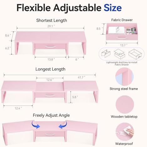 Desk Organizers and Accessories, Dual Monitor Stand Riser with Drawer, Computer Monitor Stand, Adjustable Desk Shelf for PC Laptop Printer TV, Pink - Image 2