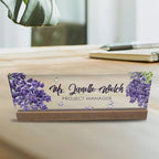 Artblox Personalized Office Desk Name Plate and Business Card Holder | Clear Acrylic Glass with Teak Wood Stand | Lavender Flowers Design Customized with Your Name and Credentials Office Desk Décor - Image 4