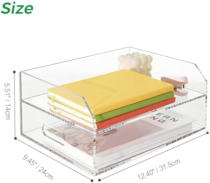 Paper Tray Organizer for Desk, 2 Tier Acrylic Desk Organizers and Accessories, One-Piece Integrated A4 Paper Organizer with Handles, Crystal-Clear Letter Tray & Compact Office File Holder - Image 2