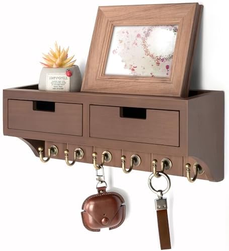 Rebee Vision Key Holder Wall Mount with Shelf for Entryway, Vintage Brown by REBEEVISION