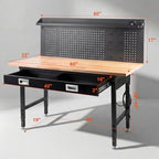 60" Adjustable Work Bench with Drawers, Workbench for Garage with Strip Light, Work Table with Large Pegboard, 2000 LBS Heavy Duty Table with Power Outlet Rubber Wood for Office, Workshop - Image 2
