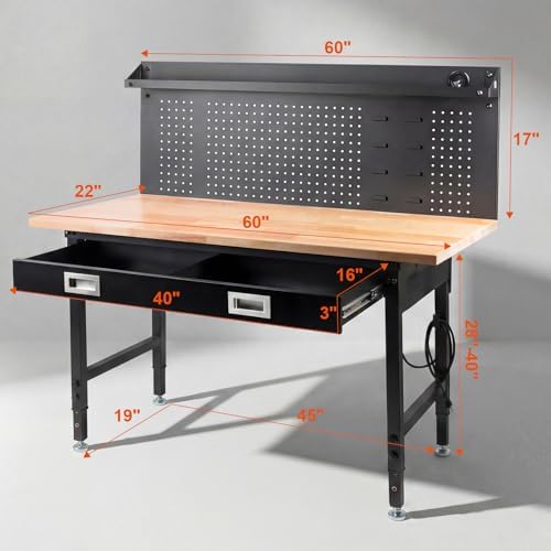 60" Adjustable Work Bench with Drawers, Workbench for Garage with Strip Light, Work Table with Large Pegboard, 2000 LBS Heavy Duty Table with Power Outlet Rubber Wood for Office, Workshop - Image 2