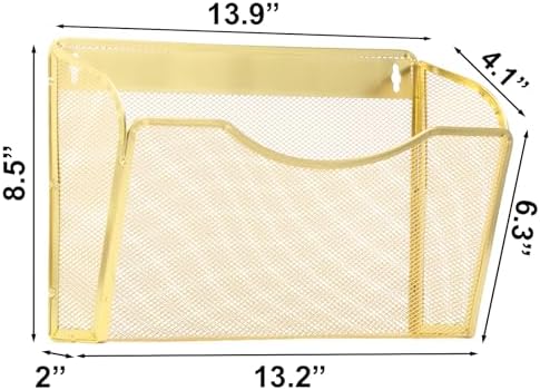 EASEPRES 3 Single Pocket Mesh Hanging File Organizer, Vertical Wall Mounted Magazine File Holder, Mount Basket Mail Paper Document Folder Organizing for Office, Home and School, Gold - Image 2