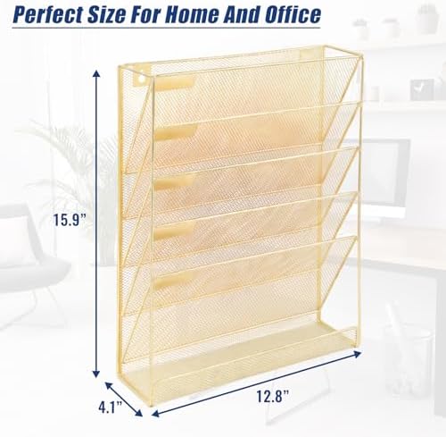 EASEPRES Desk File Organizer Mesh 6-Tier, Hanging Wall Mount Document Organization Stand, Desktop Vertical Mail Paper Folder Holder Rack with Bottom Tray for Office Home Cubicle Countertop, Gold - Image 6