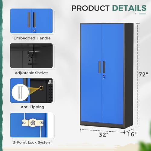 Greenvelly Metal Garage Storage Cabinet, 72" Tall Steel Storage Cabinets with 2 Doors and 4 Adjustable Shelves, Metal Tool Cabinets, Locking File Cabinet for Home Office, Garage, School (Black Blue) - Image 3