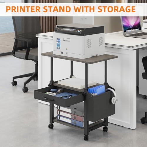 YAOHUOO 22"x15" Large Printer Stand with Drawer, 3-Tier Rolling Table Cart - Image 3