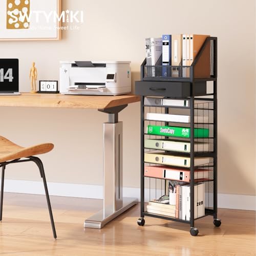 SWTYMIKI 9-Tier Rolling File Cart - Paper Organizer with Drawer and Trays, Wood Desk Office Organizer, Office Organization and Binder Storage for Workspace, Home, School, Black - Image 5
