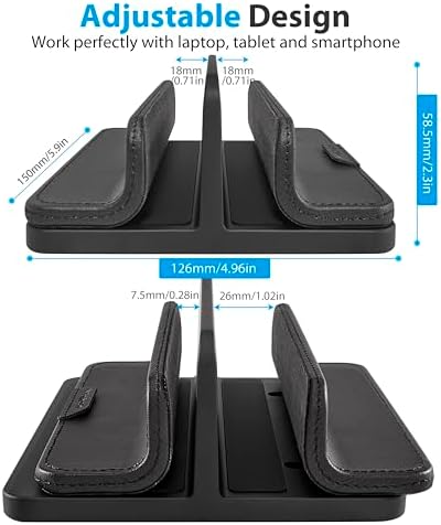 Dual Vertical Laptop Stand, 3 in 1 Upright Desktop Stand Holder with Adjustable Dock (Up to 17.3''), Leather Laptop Rack Storage Desk Organizer for Phone, Tablet, MacBook/HP/Dell/Chrome Book (Black) - Image 3