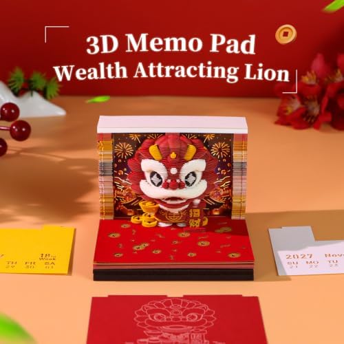 3D Memo Pad, 3D Calendar 2027, Time Piece Calendar, Tear-Off Calendars 2027, 3D Paper Carving Art Memo Pad, Art Carving Sticky Notes for Office Home Gifts Ornaments (Lion Dance) - Image 2