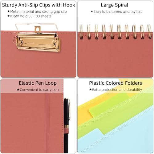 Ospelelf Red Foldable Spiral Clipboard Folio with Storage Zipper Pouch, 5 Plastic Folders with 10 Pockets, Refillable Lined Notepad (11" x 8.5"), Linen Hardcover Project Organizer - Image 4