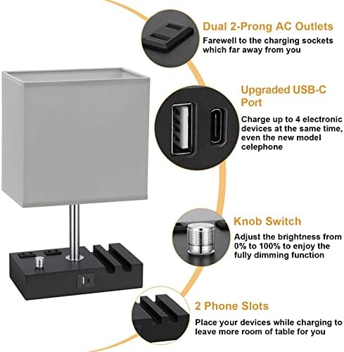 Grey Table Lamp for Bedroom - Stepless Dimmable, USB C+A, 2 AC Outlets - Image 2