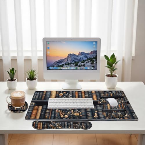Bookshelf Desk Mat Set Dark Vintage Library Large Mouse Pad with Wrist Rest 4in1 Desk Mat for Desktop Ergonomic Computer Desk Arm Wrist Anti-Slip Computer Ergonomic Mouse Pad Home Office Gaming - Image 6