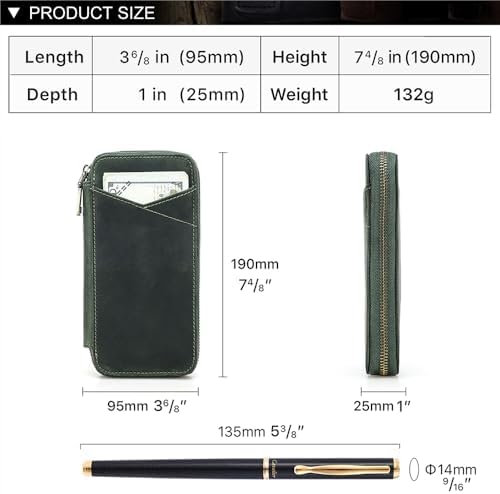 CONTACTS Full Grain Leather Pencil Case Handmade Vintage Zipper Pen Holder Pouch with Card Slot Pens Organizer Pockets Stationery Bag for Men and Women (Dark Green) - Image 5