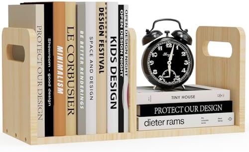100% Solid Wood Adjustable Desktop Bookshelf With Movable Divider, Retro Tabletop Bookshelf With Convenient Handle Design for Living Room, Home, Office, Perfect for Magazine Book (Natural Wood Color) by Soultopxin