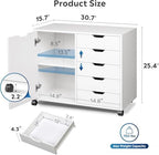 5-Drawer Wood Drawer Cabinet, Office Storage Cabinet with Adjustable Shelf & Wheels, Printer Stand for Home Office, White, 15.7" D x 30.7" W x 25.4" H - Image 3