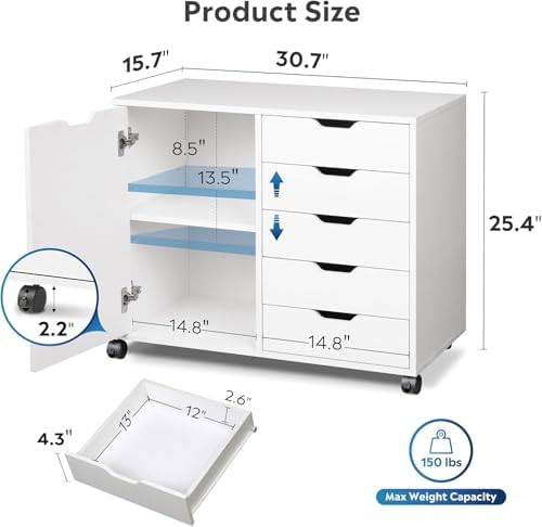5-Drawer Wood Drawer Cabinet, Office Storage Cabinet with Adjustable Shelf & Wheels, Printer Stand for Home Office, White, 15.7" D x 30.7" W x 25.4" H - Image 3