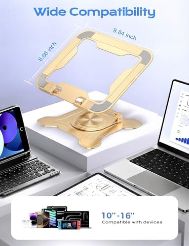 JCZT 360° Rotating Laptop Stand for Desk, Metal Foldable Laptop Riser, Gold - Image 6