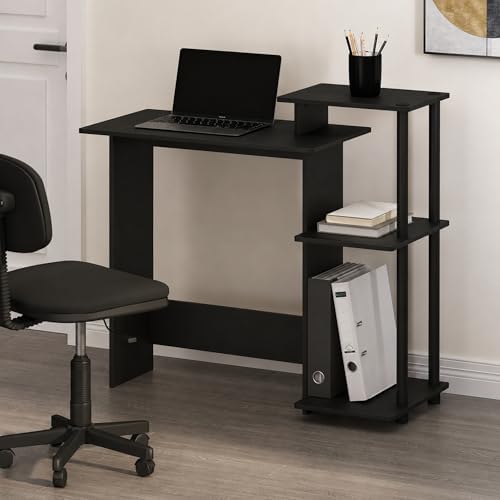 Furinno Efficient 29-Inch Black Computer Desk with Side Shelves, Gaming Desk with 3 Open Shelves, Home Office Desk, for Home Office, Study Room, Dorm, Bedroom, Dark Americano by Furinno-FitsYourSpaceFitsYourBudget