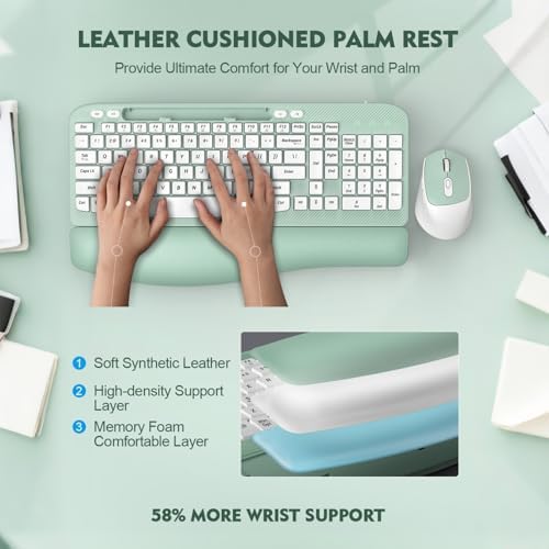 Wireless Keyboard and Mouse Combo, Full-Sized Ergonomic Wave Keys Keyboard with Memory Foam Wrist Rest & Phone Holder, 2.4G Quiet Keyboard Mouse Work Setup for PC Laptop, Office or Home (Mint Green) - Image 2