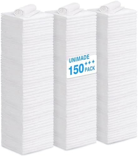 UNIMADE Shop Towels Rags, 150 Pack Reusable Shop Rags Bulk Microfiber Cleaning Cloth Lint Free Cleaning Towels for Car Kitchen Automotive Bar Mechanic Restaurant Garage, 11.5"x 11.5", White by Unimade