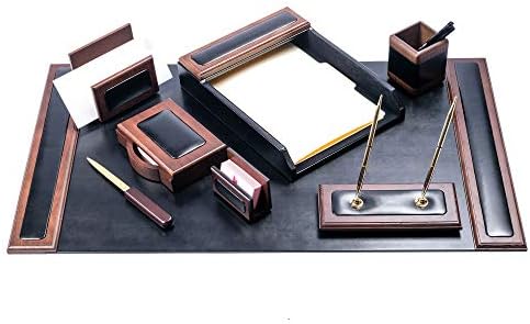 DACASSO Wood & Leather Desk Set - Luxury Leather Desk Pad & Desk Organization Essentials - Office Organization & Executive Desk Decor - (Walnut and Black, 8 Piece) by Dacasso