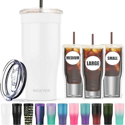 Universal Iced Coffee Sleeve - Insulated Double Wall Reusable Stainless Steel Holder Sleeves Insulator for Cold Drinks Fits Small Medium Large To Go Cups Gifts for Men Women Him Her (White) by NICEYOS