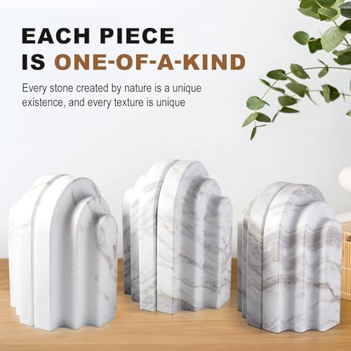 Natural Marble Book Ends - Heavy Duty Bookends for Shelves - Aesthetic Layered Arch Design Stone Book Holders, Modern Office Bookshelf Stopper Decor for Books/CDs (Volakas) - Image 2