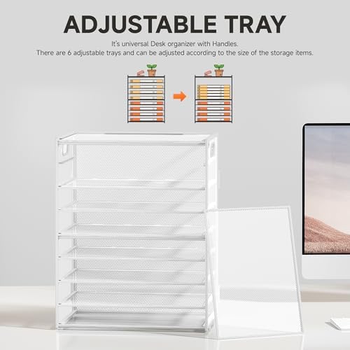 SUBEKYU 9 Tier Paper Letter Tray Desk Organizer with Handles - White Metal Mesh File Holder Paper Sorter Desk Organizer for Office Home School, Include 6 Pcs Adjustable Slid Tray, 6 Colors Available - Image 2