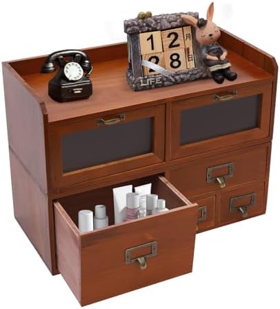 Desktop Organizer with Drawers, 6-Drawer Vintage Wood Desk Organizer with Acrylic Doors, Tabletop Storage Cabinet for Office Supplies, Cosmetics, Jewelry - Compact Design, Fully Assembled(6 Drawer) by Unknown