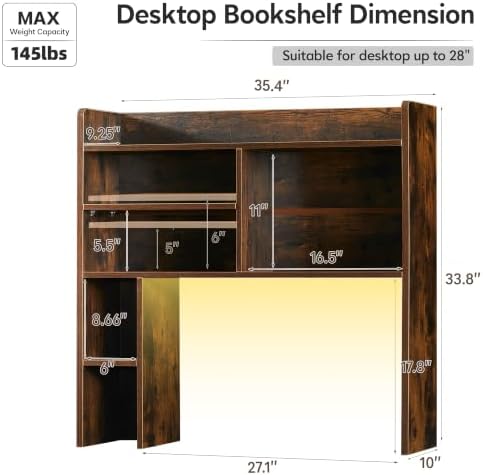 OFCASA Desktop Bookshelf with LED Lights, Countertop Storage Hutch with 7 Shelves for Computer Desk, 35.4'' 3-Tier Display Rack, Wooden Desk Hutch Storage Organizer for Home Office Dorm, Brown - Image 2